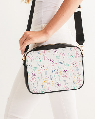 Bolso bandolera con calavera y huesos en colores pastel 