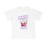 "Love Spells, Horror Movies, and Chill" Cotton T-shirt - White